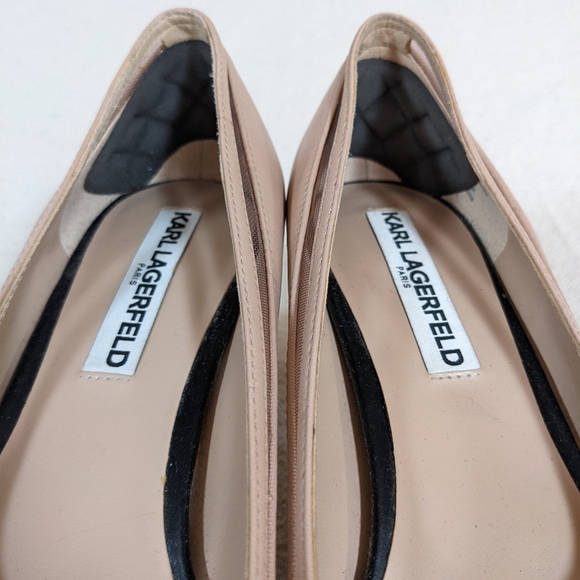 Karl Lagerfeld Sz 6.5 Pump Tan Black Colorblok Cut Out Mirror Chunky Block Heel - Picture 6 of 16